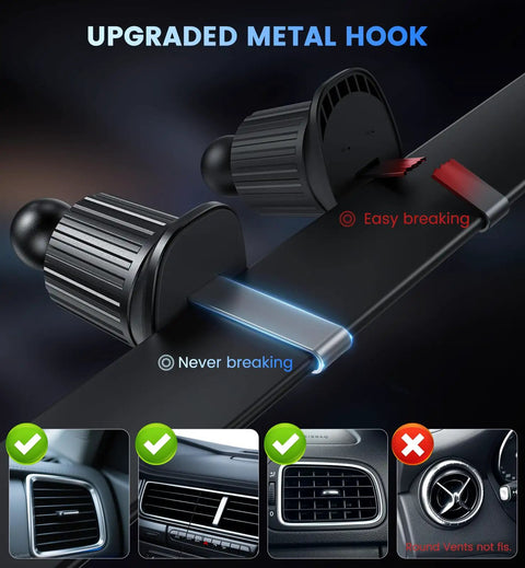 Image showing upgraded metal hook design for 3 In 1 Car Phone Mount Charger With 15W Wireless Fast Charge, LED Ambient Light.
