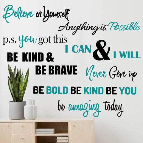 Eight Styles Motivational Wall Decals Set With Inspirational Quotes You Got This Believe In Yourself on white wall above a shelf