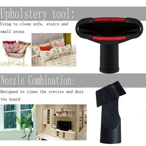 Must Have Versatile Vacuum Attachments Kit For 32mm And 35mm Vacuums With One Quarter Inch And One And Three Eighths Inch Fittings Includes Brushes Crevice Tools. Displayed are upholstery tool for sofa cleaning and nozzle for crevice cleaning.
