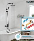 Top Shelf 304 Stainless Steel Outdoor Shower Kit With 8 Inch Rainfall Head And Handheld Sprayer In Slick Matte Black Finish showcasing installed shower system in bathroom.