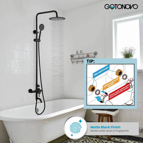 Top Shelf 304 Stainless Steel Outdoor Shower Kit With 8 Inch Rainfall Head And Handheld Sprayer In Slick Matte Black Finish showcasing installed shower system in bathroom.