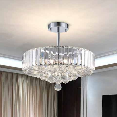 Raindrop Crystal Chandelier With Five Lights, Round Pendant Ceiling Light That Pops in polished chrome, living room view