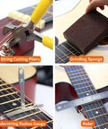 All In One 72 Pcs Guitar Tool Kit With Carry Bag includes trimmers, sanding sponge, gauge, ruler on guitar surface