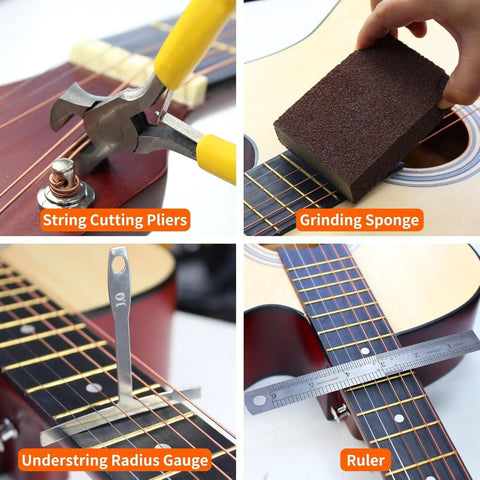 All In One 72 Pcs Guitar Tool Kit With Carry Bag includes trimmers, sanding sponge, gauge, ruler on guitar surface