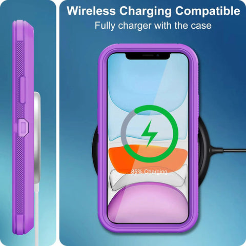 iPhone 11 Case With Built In Screen Protector Beefed Up Heavy Duty Drop Protection Full Body Rugged Shockproof Dust Proof 3 Layer Tough Protective Cover For iPhone 11 Purple showing front and side views on wireless charger