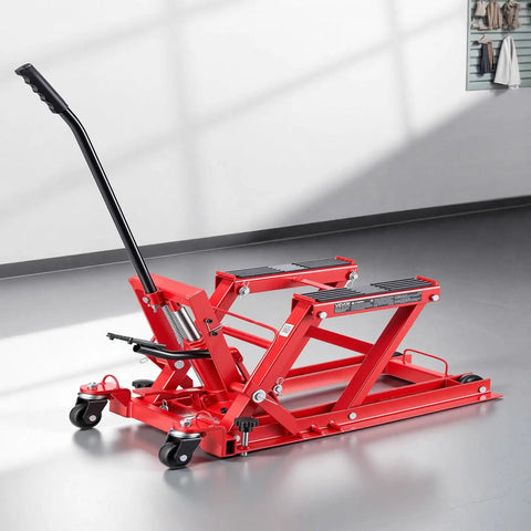 Hydraulic Motorcycle Lift Jack With 1500 Lbs Capacity, Portable ATV And Dirt Bike Hoist Stand With Four Wheels, Height Range 4.5 To 15.2 Inches, Foot Operated Hydraulic Lift For Easy Bike Maintenance