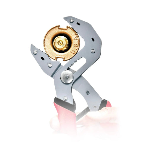 7 Inch Self Adjusting Pliers With Spring Loaded One Hand Power Grip holding a brass fitting, all-purpose jaws in laminated steel