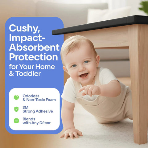 Smiling baby under table with black foam corner protector and text about impact-absorbing, odorless foam protection for toddlers.