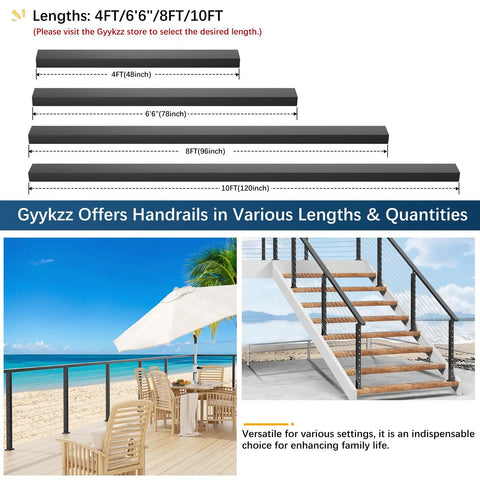 Heavy Duty 10 Ft Black Aluminum Handrails 4 Pack Slick Rectangular Flat Top Rails For Deck Stairs And Cable Railing Systems Weatherproof on display with lengths.