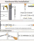Illustration showing installation of Shade Sail Hardware Kit with Vinyl Coated Aircraft Cable 48 Ft Total, 12 Ft Sections, 6 Inch Hanging Kit For Outdoor Shade Sails Curtains And String Lights, No Fuss Install Includes Turnbuckles Carabiners Pad Eyes Anchors