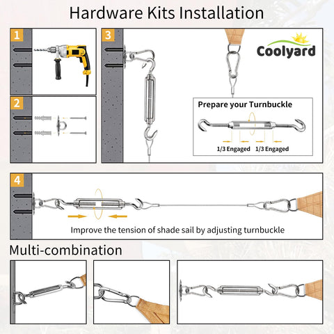 Illustration showing installation of Shade Sail Hardware Kit with Vinyl Coated Aircraft Cable 48 Ft Total, 12 Ft Sections, 6 Inch Hanging Kit For Outdoor Shade Sails Curtains And String Lights, No Fuss Install Includes Turnbuckles Carabiners Pad Eyes Anchors