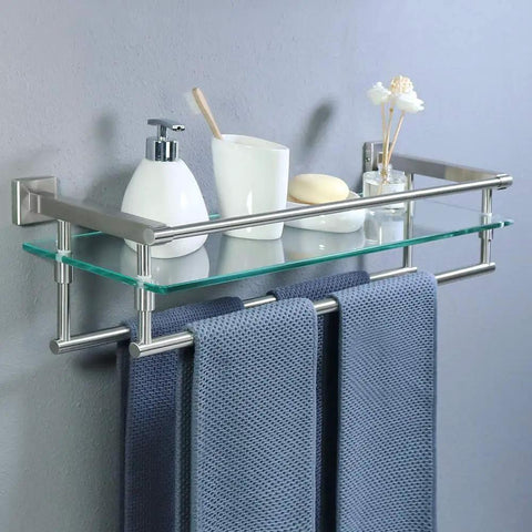 Sturdy Glass Bathroom Shelf With 2 Bars Wall Mount In SUS 304 Stainless Steel Brushed Finish with towels and toiletries
