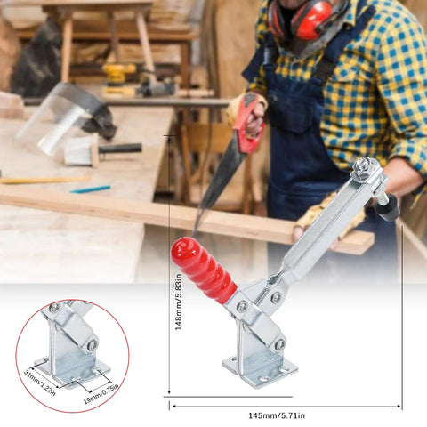 Heavy Duty 2 Pack Vertical Toggle Clamps Lock Down Jobs In Seconds With A Comfort Grip Non Slip Lever And Fast Actuation, shown in workshop setting, galvanized steel, 148mm height.