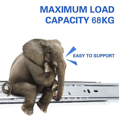 Heavy Duty Drawer Slides 51mm Wide 950mm Long Side Mount Runners With Lock for Cabinets and Drawers, 68kg Capacity holding an elephant.