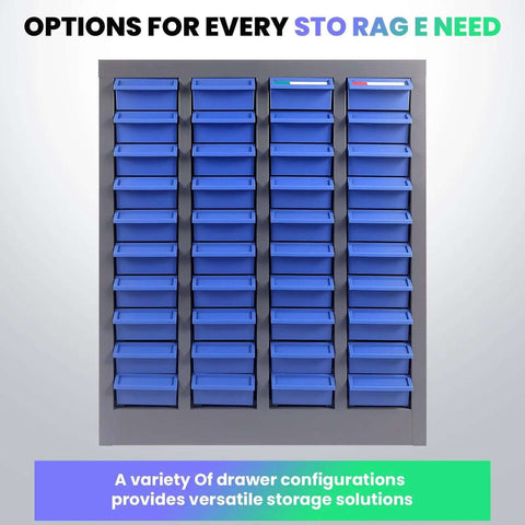 Front view of Industrial Nut And Bolt Organizer Parts Cabinet With 200 Dividers And 80 Label Slots ABS Drawers