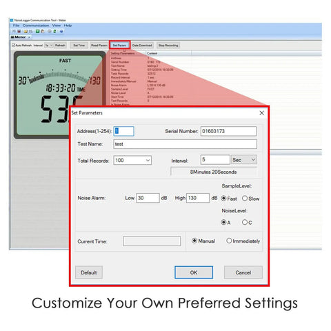 Screenshot of settings interface for Go-To Portable Decibel Meter With Data Logger, 30 To 130 dB Range, Pro-Grade Sound Level Meter.