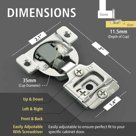 Detailed view of satin nickel hinge showing dimensions for Eight Pack Four Pairs One Half Inch Soft Close Hinges For Kitchen Cabinet Doors Upgrade Your Kitchen With Quiet Self Closing Hidden Door Damper Stainless Steel Satin Nickel Concealed Hardware