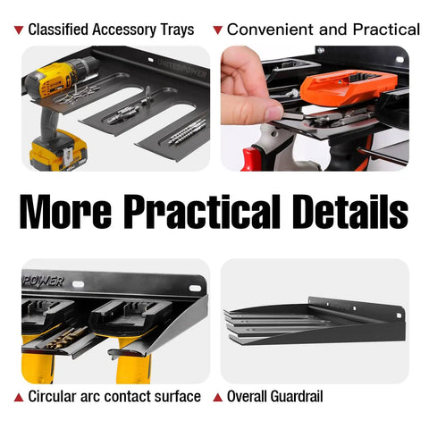 Wall Mounted Drill Storage Rack For Four Drills And Accessories, Keeps Cords Tidy, Anti Slip Dish Trays, Durable Organizer