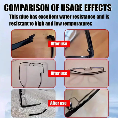 Eyewear Frames Repair Glue With Fine Tip Quick Bonding for Broken Glasses Temples Before and After Repair Comparison