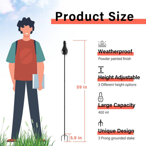 Diagram showing Six Pack Outdoor Metal Torches With 3 Prong Grounded Stakes Extra Large 59 Inch Citronella Torches features.