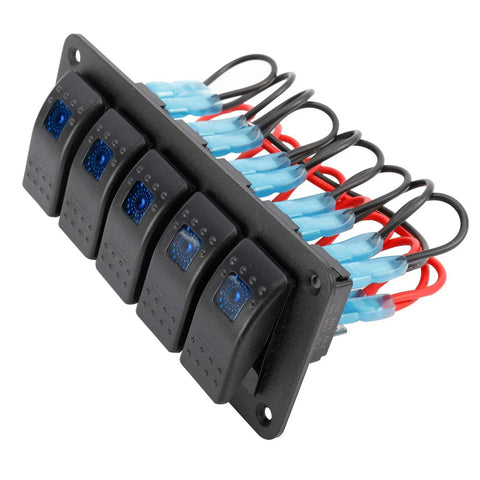 5-gang 12-24V LED Backlit Rocker Switch Panel Kit with Aluminum Dash Mount Prewired for Boats Cars UTVs RVs and Marine Lighting