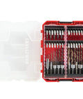 85 Piece Drill Bit Set With Four Ranges For Wood Metal And Masonry showing open red case with organized bits