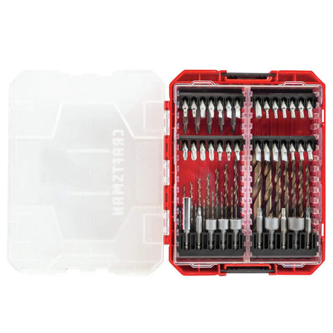 85 Piece Drill Bit Set With Four Ranges For Wood Metal And Masonry showing open red case with organized bits