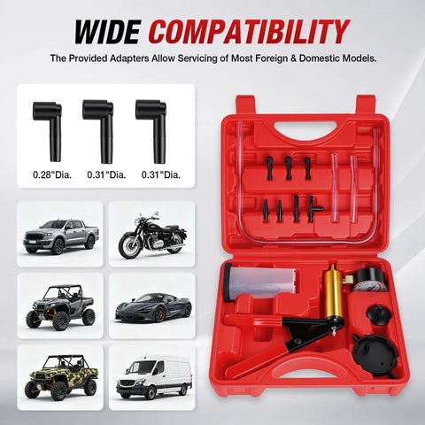 One Man Brake Bleeder Kit With Adapters And Pressure Gauge, Hand Vacuum Pump with various adapters for cars and motorcycles.