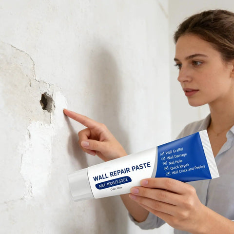Woman using DIY Drywall Repair Kit With Easy Putty Paste For Holes And Cracks In Walls Ceilings And Doors Quick Patch For Home Apartment Or Dorm No Mess Mending And Seamless Wall Restoration on wall hole