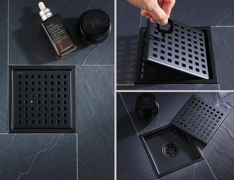 Sleek Six Inch Square Shower Drain Kit In Matte Black 304 Stainless Steel With A Snag Free Hair Catcher To Keep Things Smooth And Totally Zero Clogging Nonsense For Daily Shower Use with a grid cover and viewing angle.
