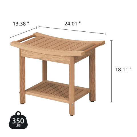 Non Slip Shower Bench With Handles And Storage Shelf Water Resistant Bath Stool For Bathroom 24 Inch By 13 Inch Black Sloped Top Seat With Drainage Spa Chair