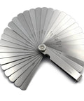 Stainless steel 32-piece feeler gauge set with circular fan blades for SAE and metric gap thickness measurement
