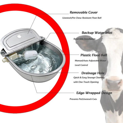 Built Tough Automatic Water Bowl Made From Pure 304 Stainless Steel For Big Pups And Barn Animals Comes With Reliable Float Valve Forty Inch Hose And Zero Stress Install showing float ball and drainage features.