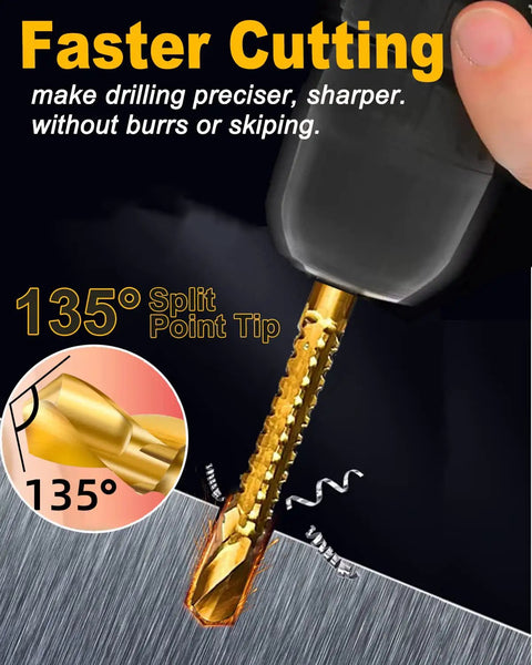 Top Shelf Titanium Coated High Speed Steel Twist Drill Bit Set With Killer Cutting Speed For Wood And Metal Ultra Sharp Precision three to eight millimeters in action with 135° split point tip.