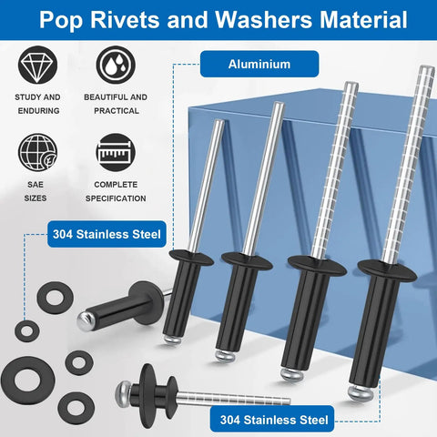 Stainless Steel Black Workhorse Rivet Kit With Pop Rivets And Washers 1280 Pieces for metal furniture and automotive use