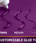 Customizable glue tip for Clear Gel Tacky Glue For Crafts And Slime, 4 Oz Bottle, showing thick, medium, and thin lines on purple surface