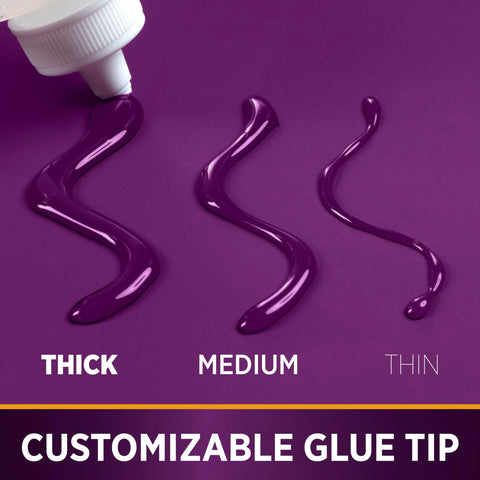 Customizable glue tip for Clear Gel Tacky Glue For Crafts And Slime, 4 Oz Bottle, showing thick, medium, and thin lines on purple surface