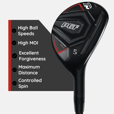 Gold Tour Precision Hybrid Golf Club For Men Right Hand Five with features like forgiveness and perimeter weighting displayed on face.