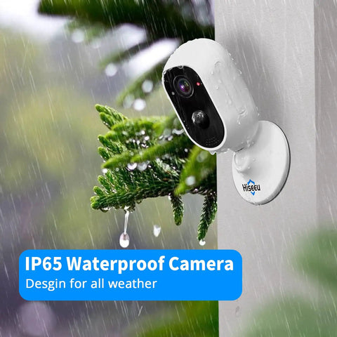 2K Outdoor Wireless Battery Powered Camera with 5200mAh Dual Batteries, shown mounted on a rainy exterior wall, emphasizing IP65 waterproof design.