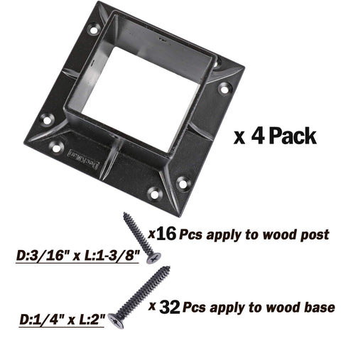 Stainless Steel Wood Post Anchor For 3.5 By 3.5 Posts, 4x4 Nominal, Black Finish, Post Base Cover Skirt Flange, 4 Pack With 48 Screws