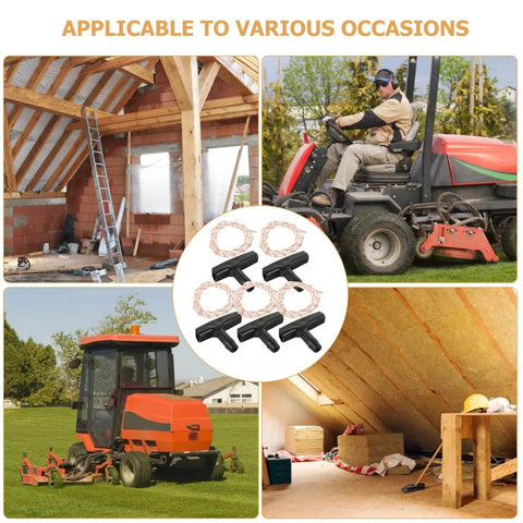 Collage of garage door pull rope with handle replacement, attic ladder access and lawn equipment, showing versatile use cases.