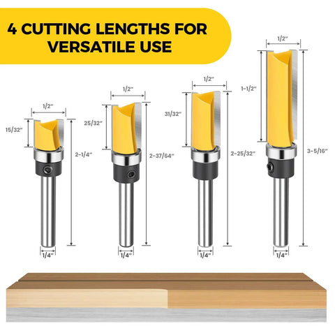4 Piece Flush Trim Router Bit Set With One Quarter Inch Shank Bearing For Tear Out Prevention Pro Grade Carbide Tipped Template Router Bit For Woodworking Milling And Trimming Built Tough showing four router bits with 1/4 inch shank and varied cutting lengths for versatile woodworking use, set against a wood trimming illustration.