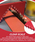 Heavy Duty Aluminum Table Saw Height Gauge And Depth Gauge For Quick Alignment And Calibration On Saws Routers And Bench Planes Red Anodized Finish Pro Grade Durability And Reliability showing clear measurement scale.