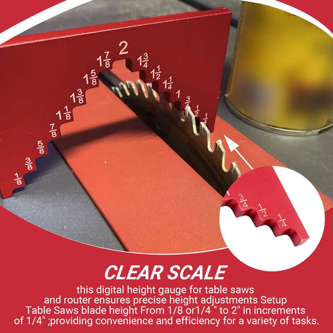 Heavy Duty Aluminum Table Saw Height Gauge And Depth Gauge For Quick Alignment And Calibration On Saws Routers And Bench Planes Red Anodized Finish Pro Grade Durability And Reliability showing clear measurement scale.