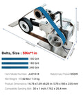 Game Changer 550W Variable Speed Belt Sander With Vfd Panel And Swift Reverse Toggle For Smooth Metal Finishing and Custom Knife Crafting Ships Direct With Dual Rubber Rollers and Three Premium Belts dimensions and specifications.
