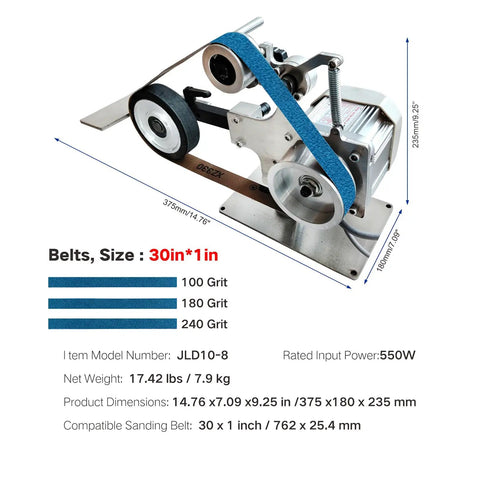 Game Changer 550W Variable Speed Belt Sander With Vfd Panel And Swift Reverse Toggle For Smooth Metal Finishing and Custom Knife Crafting Ships Direct With Dual Rubber Rollers and Three Premium Belts dimensions and specifications.