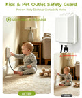 Lockable Waterproof Outdoor Electrical Outlet Cover Box With Key And Drip Proof Weather Shielding For Standard Sockets Built Tough To Block Rain And Dust Solid Two Pack White setup shown with child reaching for wall outlet.