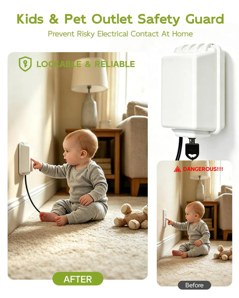 Lockable Waterproof Outdoor Electrical Outlet Cover Box With Key And Drip Proof Weather Shielding For Standard Sockets Built Tough To Block Rain And Dust Solid Two Pack White setup shown with child reaching for wall outlet.