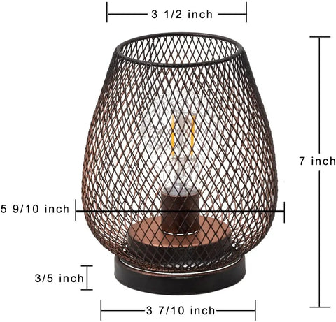 Set Of 4 Battery Operated LED Table Lanterns In Rustic Brown Metal Cage, Cordless Lamps With LED Bulbs, showing lamp dimensions.