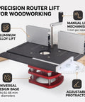 Manual Router Lift Table With Precision Top Plate For 64mm To 66mm Trim Routers Hella Smooth 51mm vertical travel, showing aluminum lift and adjustable protractor.